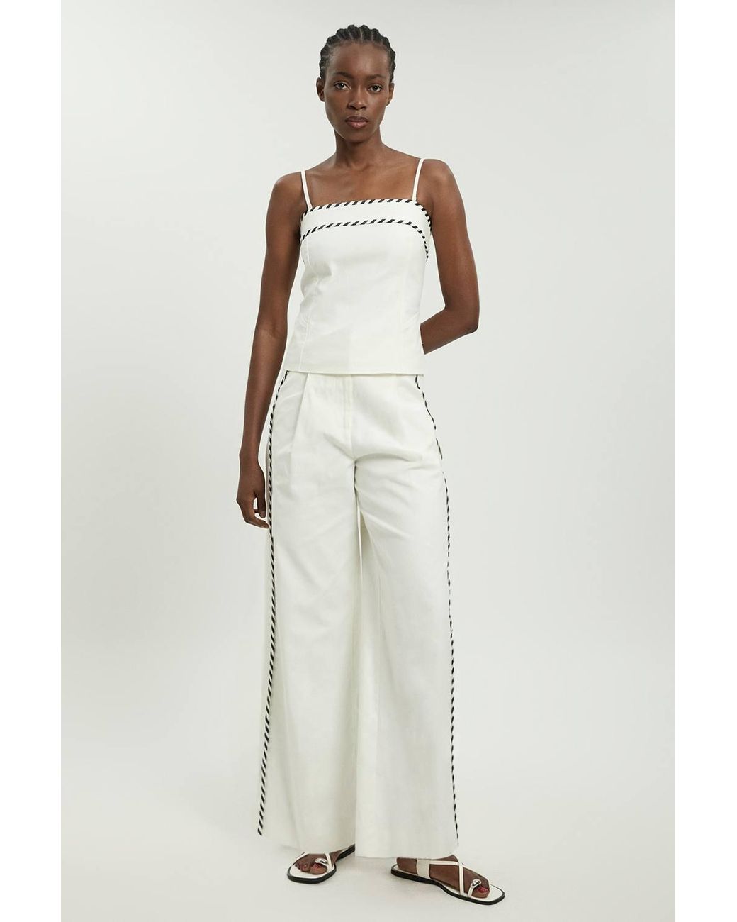 Karen Millen White Petite Tailored Linen Blend Contrast Stitch Straight Leg Trouser
