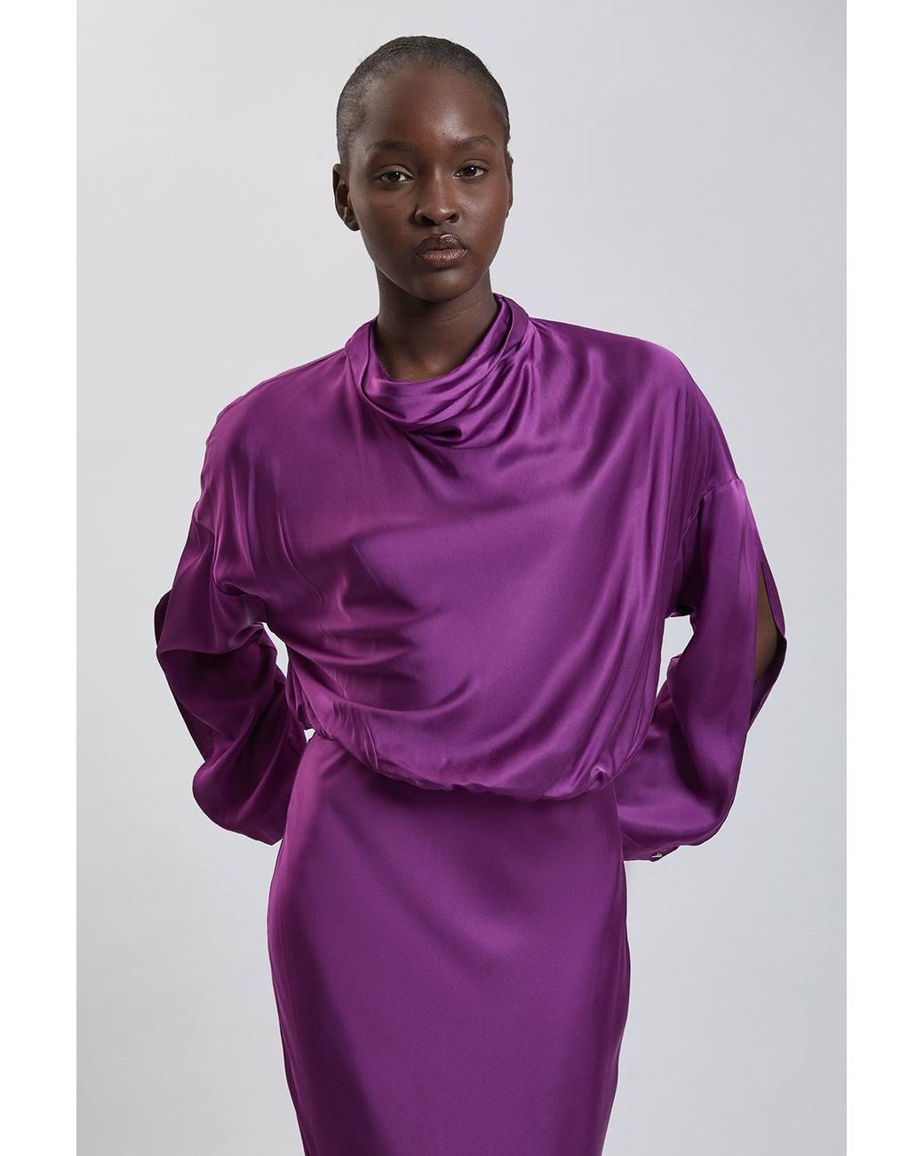 Karen Millen Purple Viscose Satin Cowl Neck Midi Dress