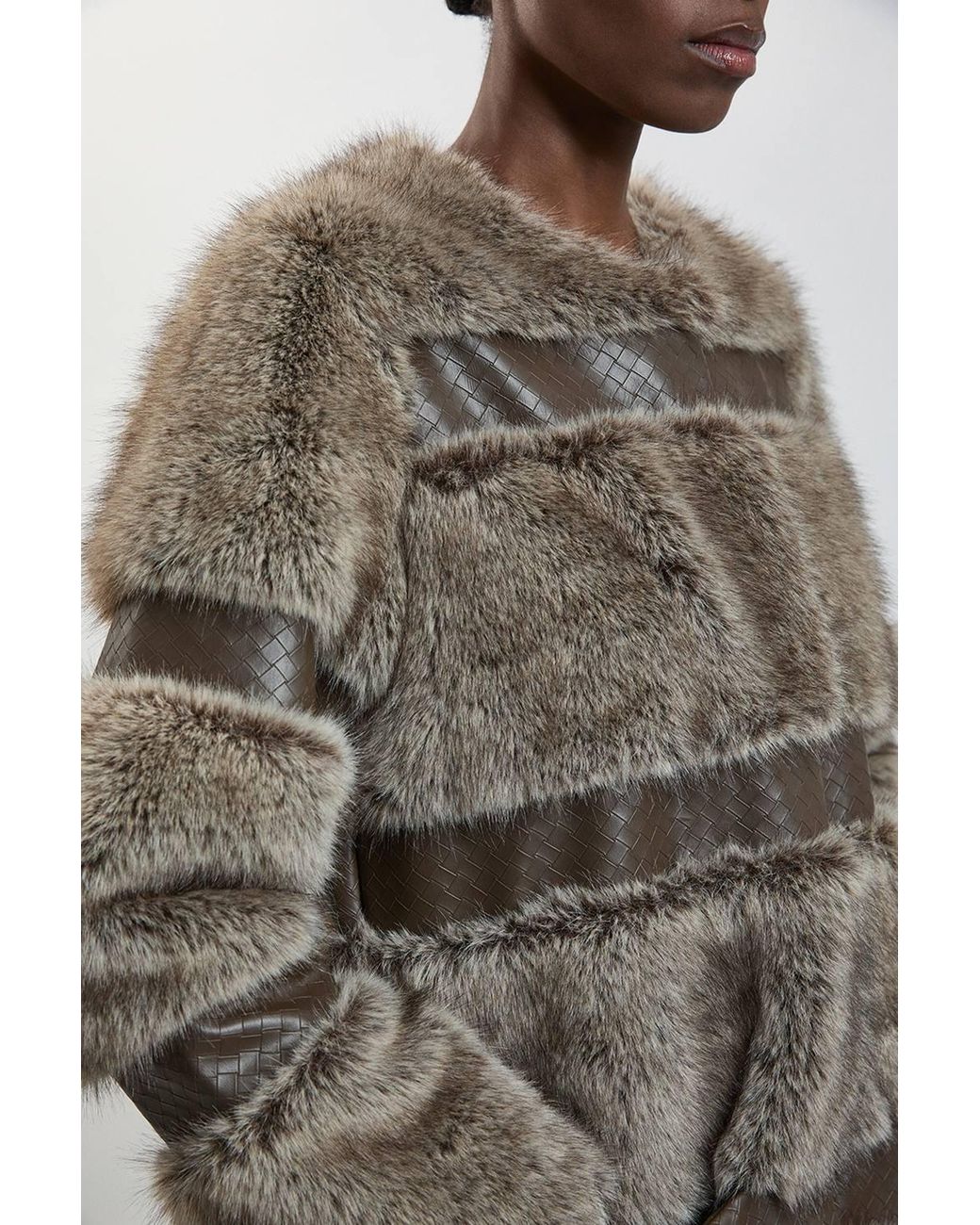 Karen Millen Brown Faux Fur & Faux Leather Multi Texture Midi Coat
