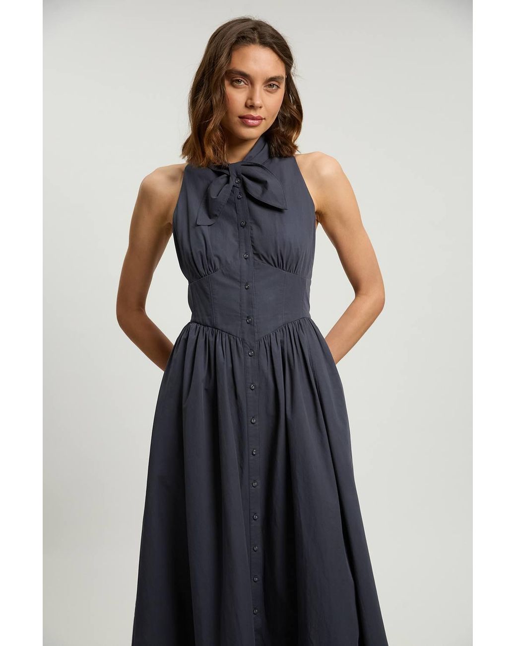 Karen Millen Blue Cotton Poplin Tie Neck Midi Dress