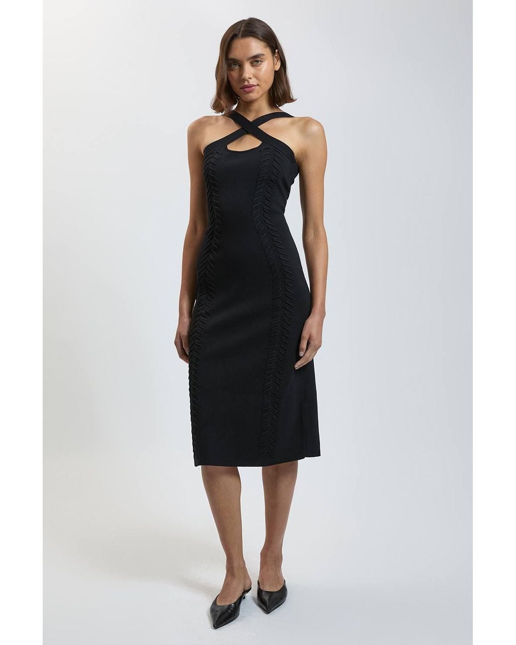 Karen Millen Black Lace Up Detail Knitted Halter Cross Front Maxi Dress