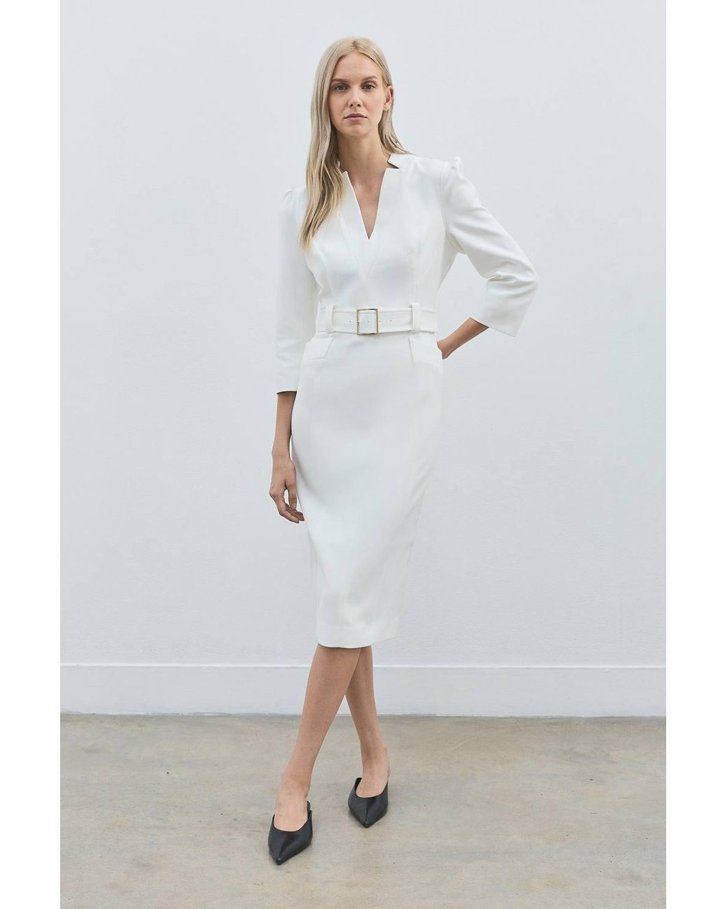 Karen Millen White Petite Forever Structured Crepe Belted Forever Midi Dress