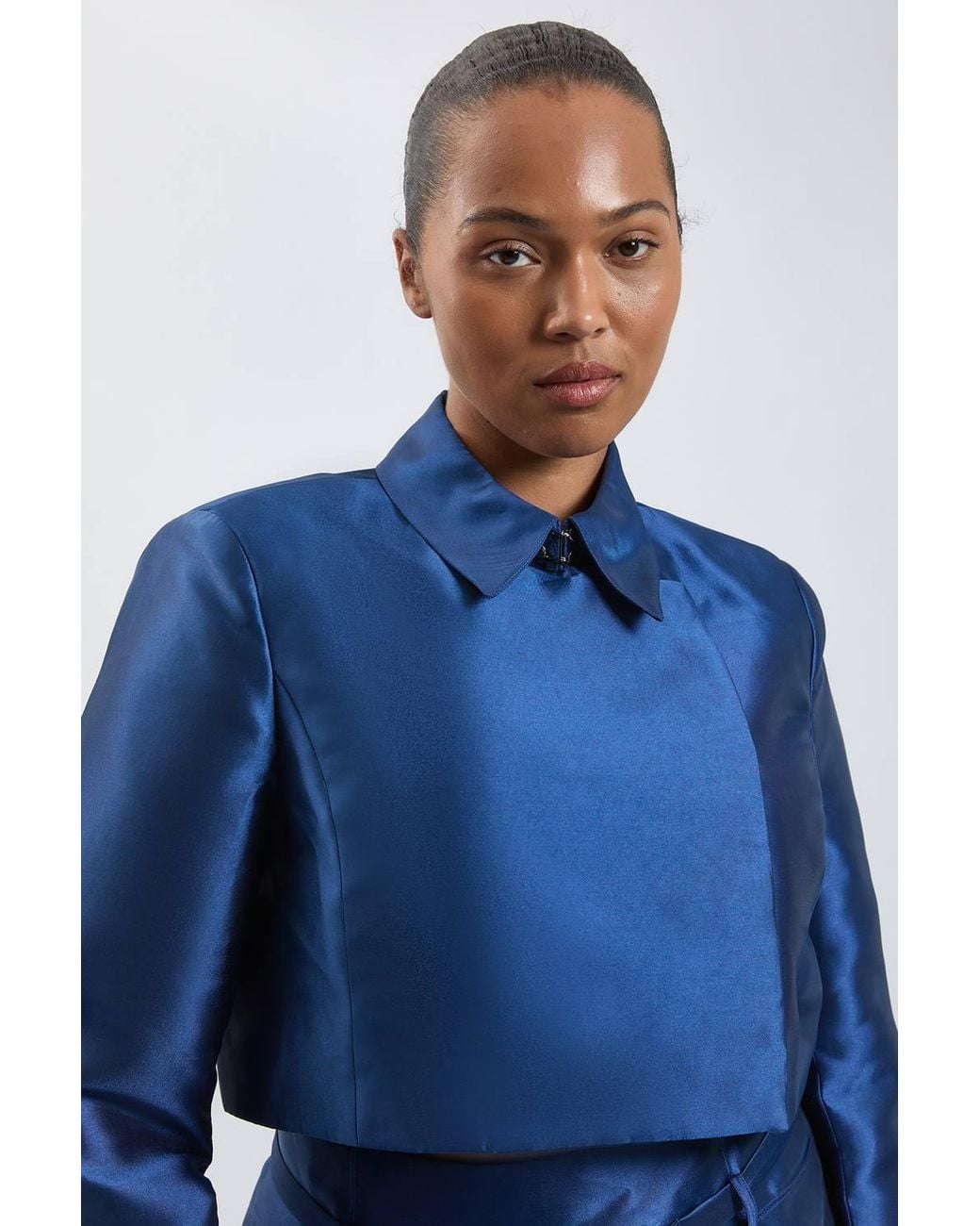 Karen Millen Blue Plus Size Forever Satin Twill Cropped Wrap Tailored Jacket
