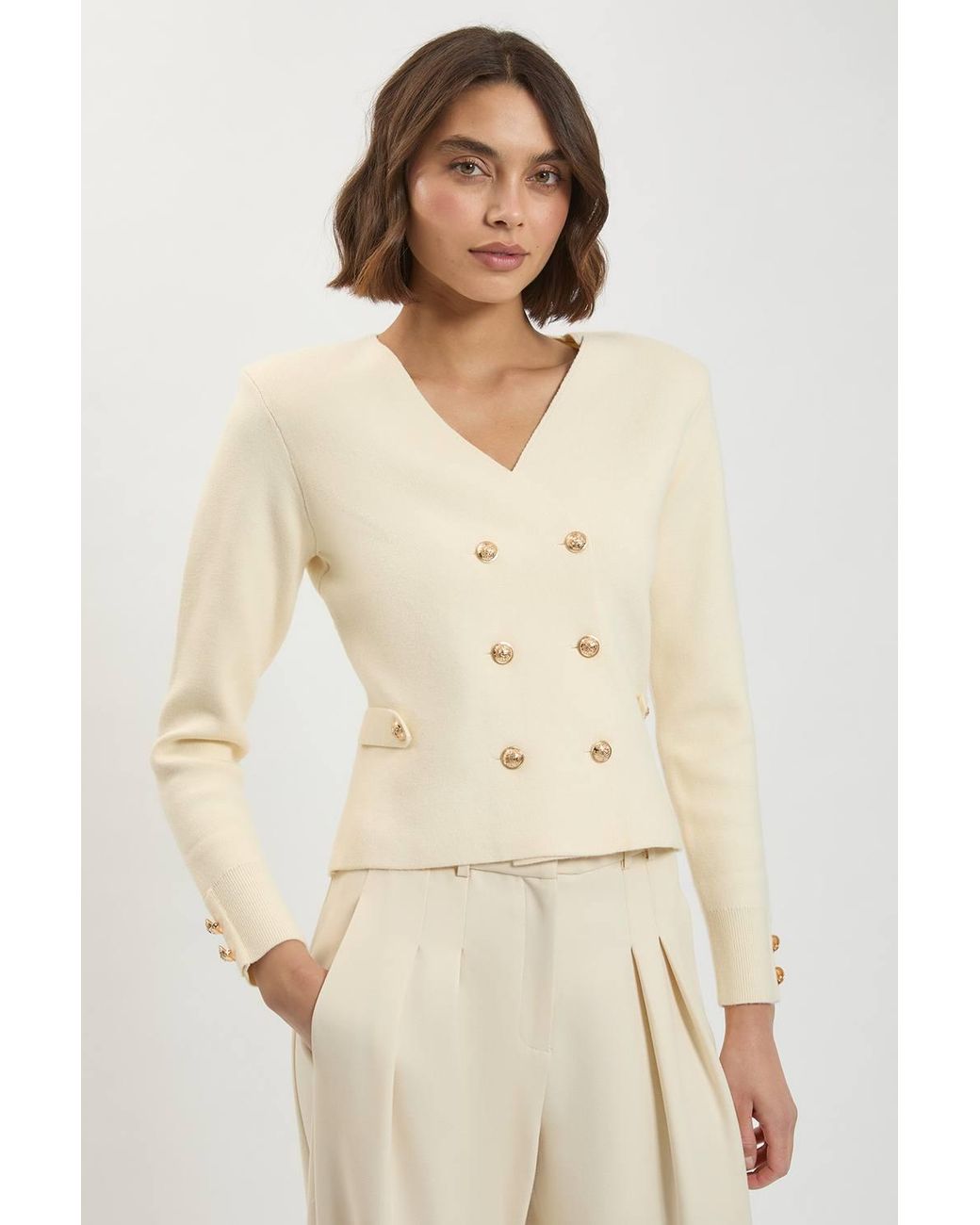 Karen Millen Natural Wool Look Military Double Breasted Knitted Cardigan Sweater
