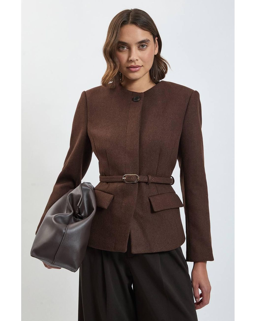Karen Millen Brown Wool Blend Belted Collarless Tailored Coat