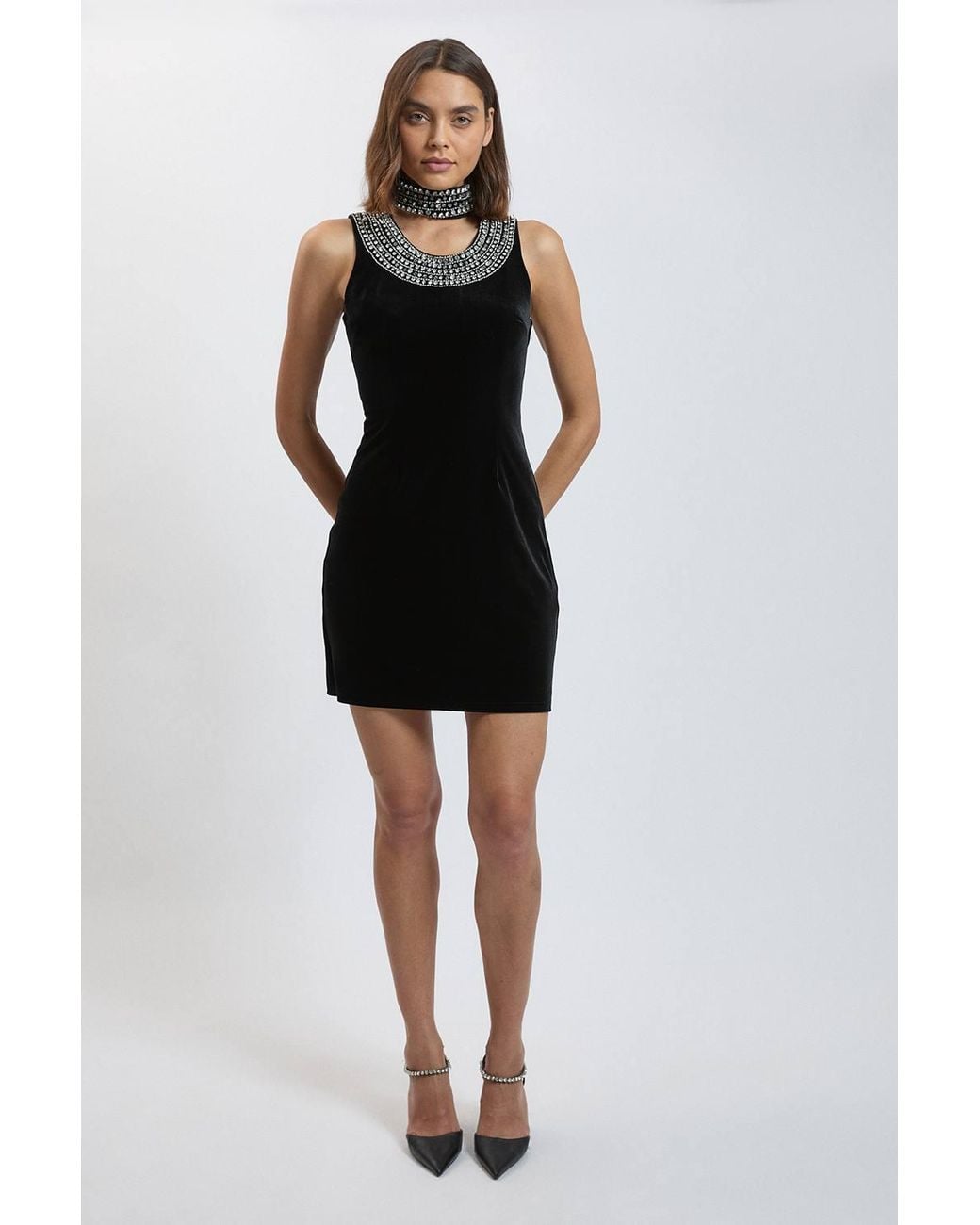 Karen Millen Black Crystal Trim Velvet Mini Dress With High Neck