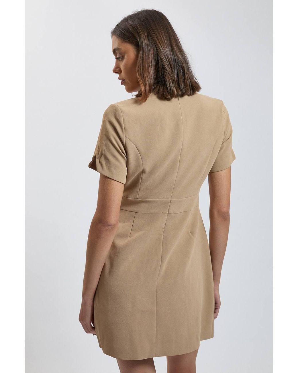 Karen Millen Natural Forever Tailored Crepe Military Pleat Notch Neck Wrap Mini Dress