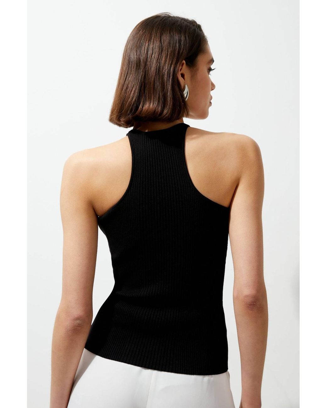 Karen Millen Black Viscose Blend Rib Knit Racer Vest Top