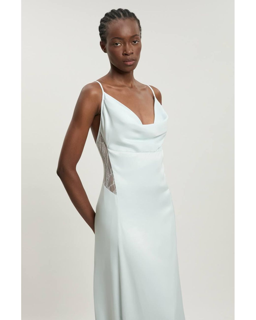 Karen Millen White Lace Insert Satin Viscose Bias Cut Maxi Dress