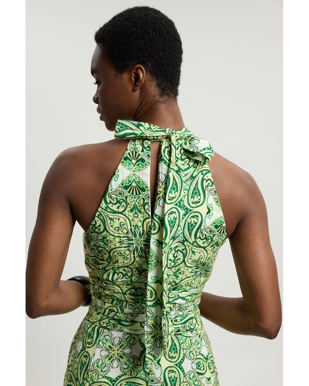 Karen Millen Green Double Cloth Tile Print Halterneck Midi Dress