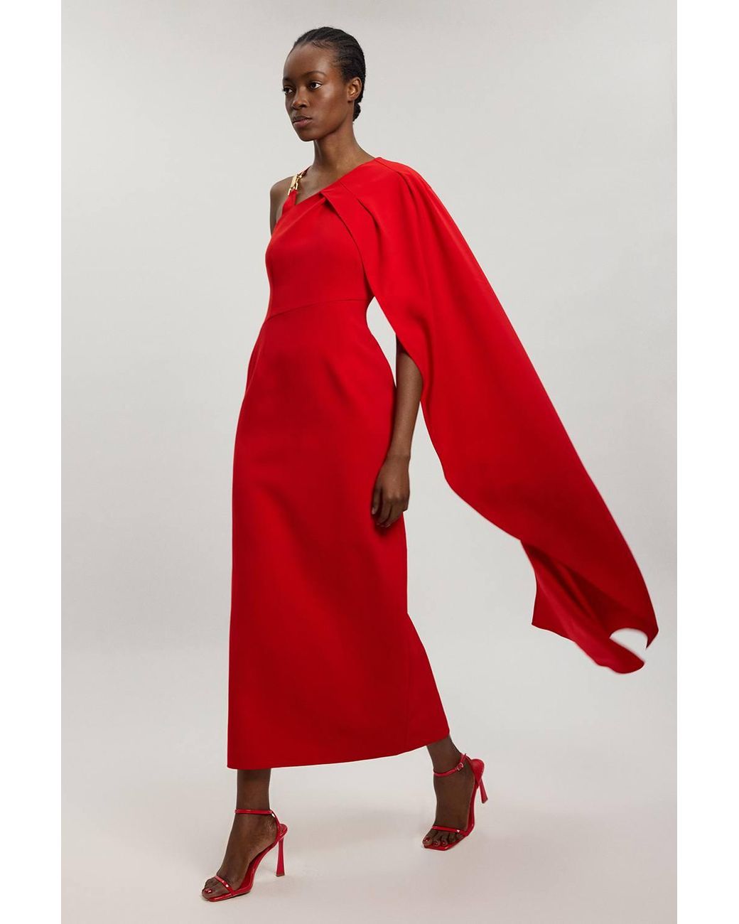 Karen Millen Red Compact Viscose Asymmetric Detail Maxi Dress