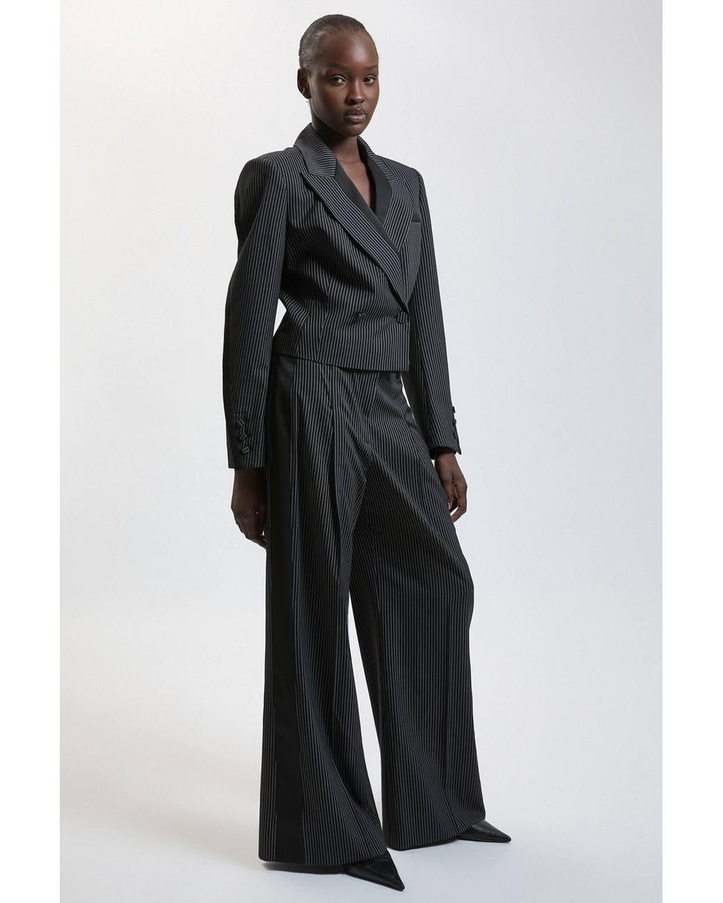 Karen Millen Blue Pinstripe Satin Mix Tailored Wide Leg Trouser
