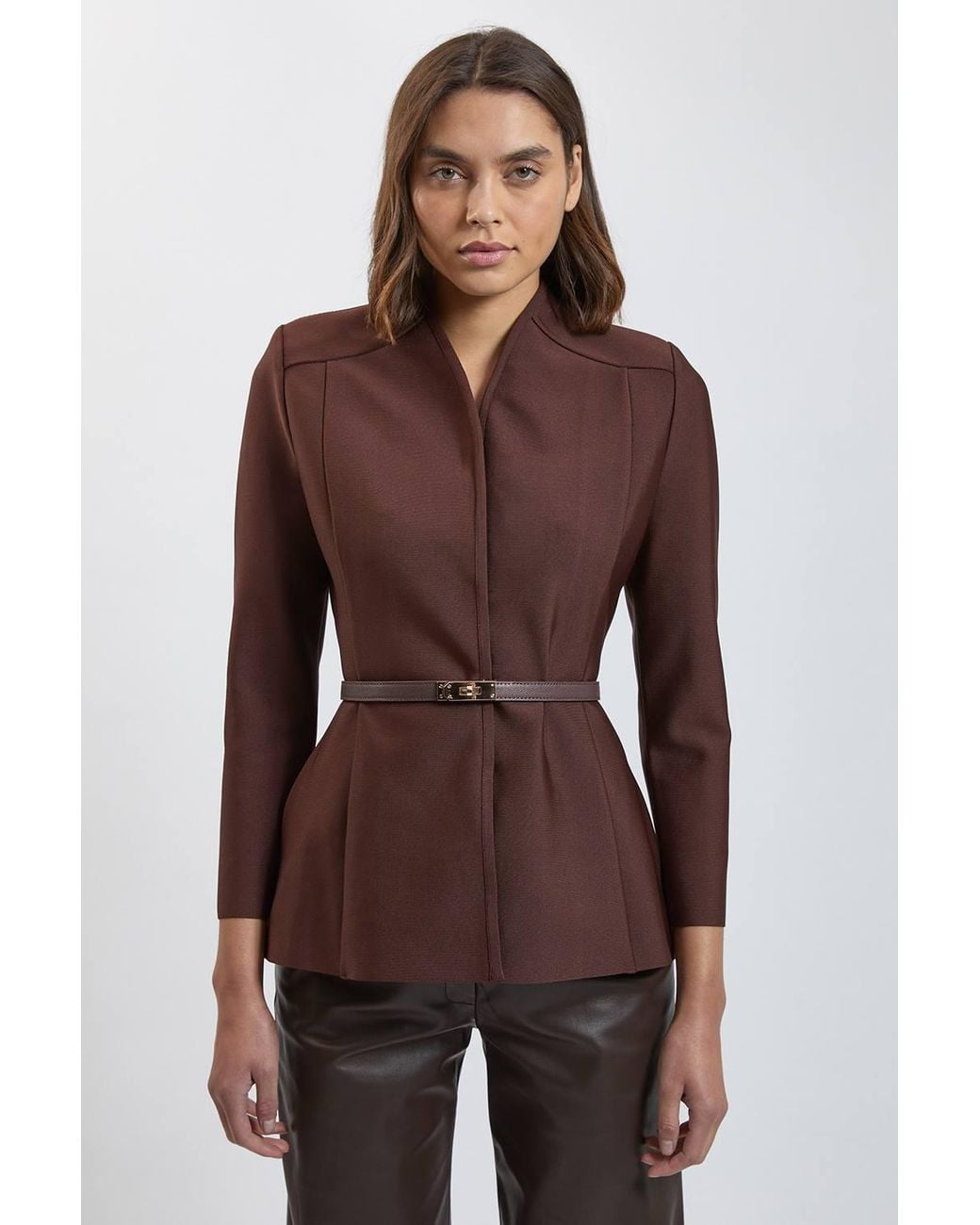 Karen Millen Brown Bandage Studded Belt High Neck Wrap Blazer