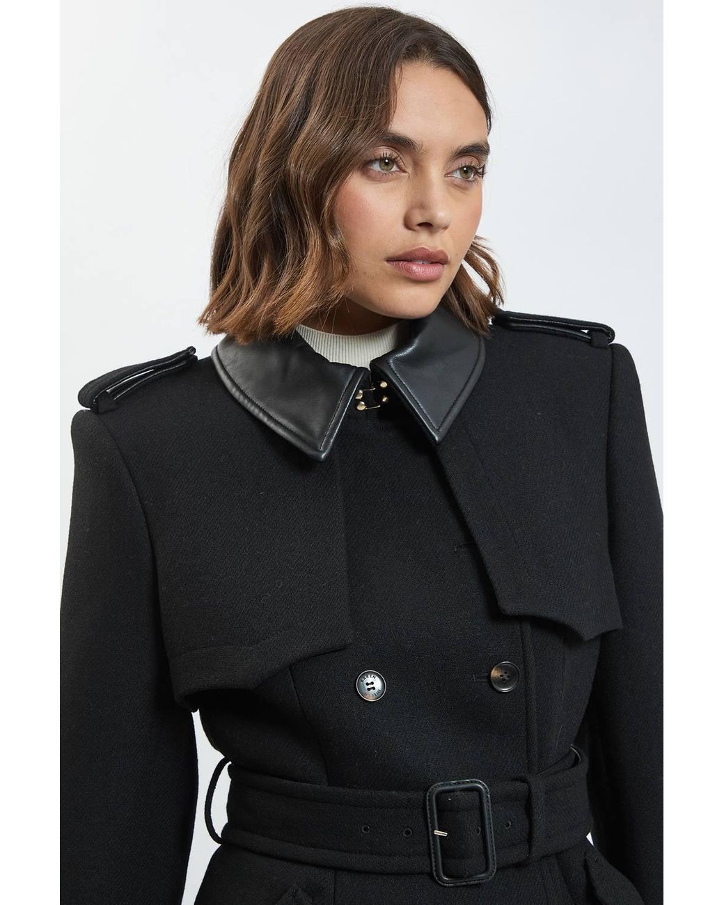 Karen Millen Black Wool & Faux Leather Detail Short Pea Coat