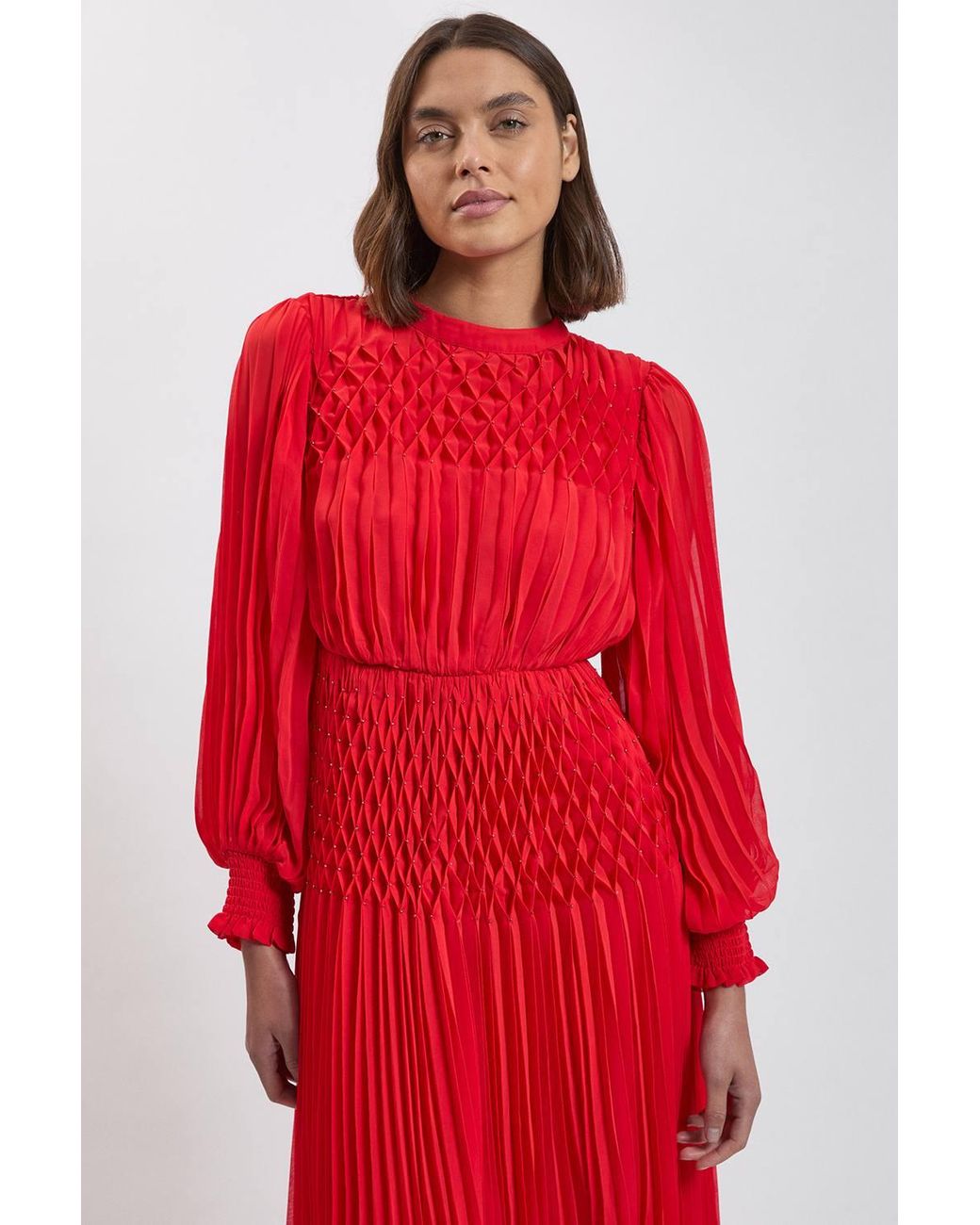 Karen Millen Red Pleated Beaded Detail Balloon Sleeve Maxi Dress