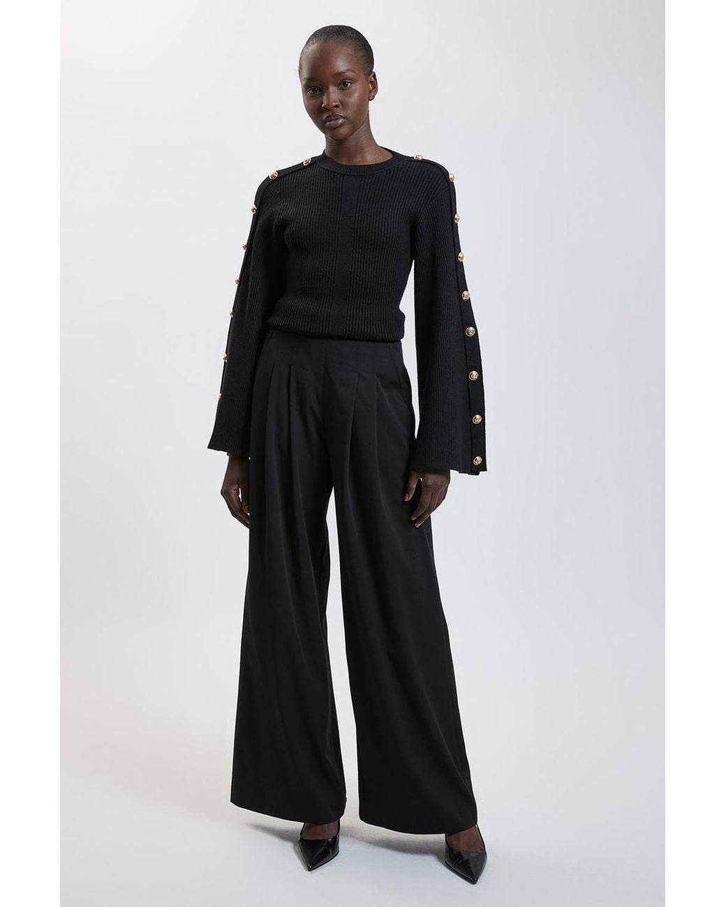 Karen Millen Black Military Button Up Sleeved Knitted Jumper
