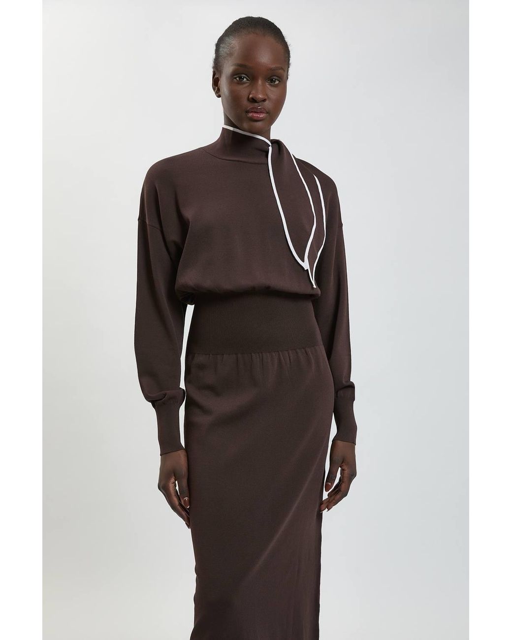 Karen Millen Brown Knitted Neck Tie Detail Midi Dress