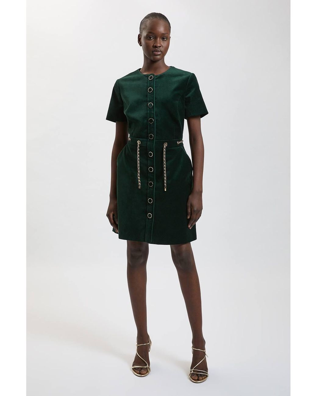 Karen Millen Green Tailored Velvet Button Through Mini Dress