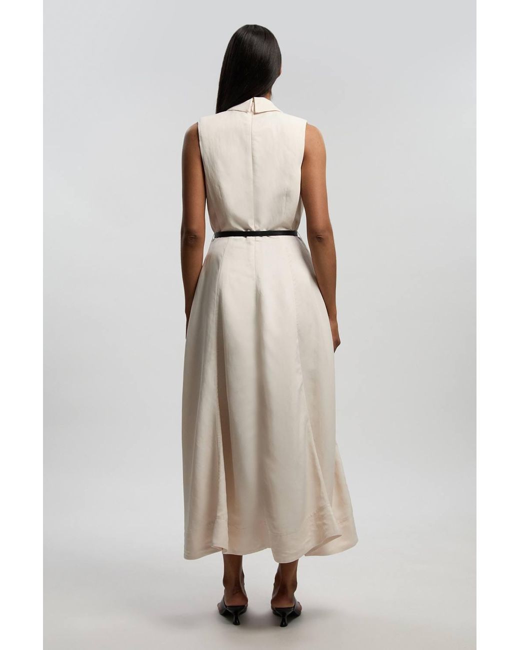 Karen Millen Natural Petite Premium Viscose Linen Tailored Belted Full Skirted Midi Dress