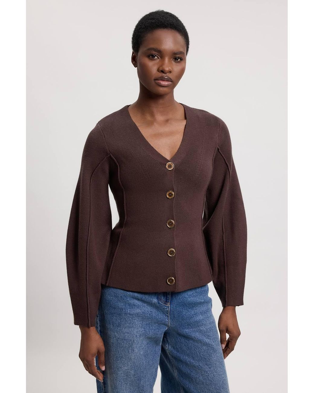 Karen Millen Blue Knit Wool Look Rounded Sleeve Cardigan Sweater