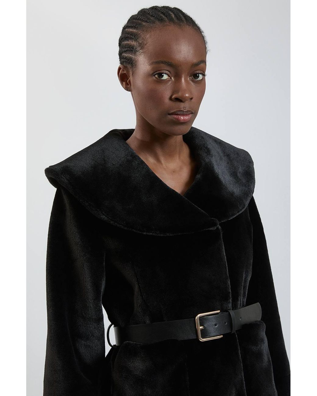 Karen Millen Black Faux Fur Oversize Collar Belted Short Coat