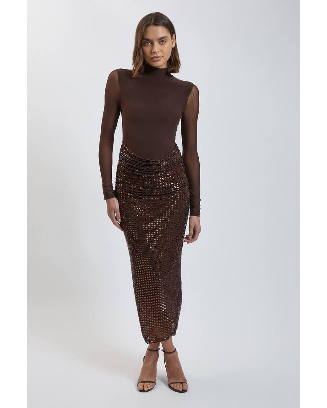 Karen Millen Brown Petite Premium Crystal Embellished Jersey Cowl Skirt Detail Maxi Dress With Mesh Body