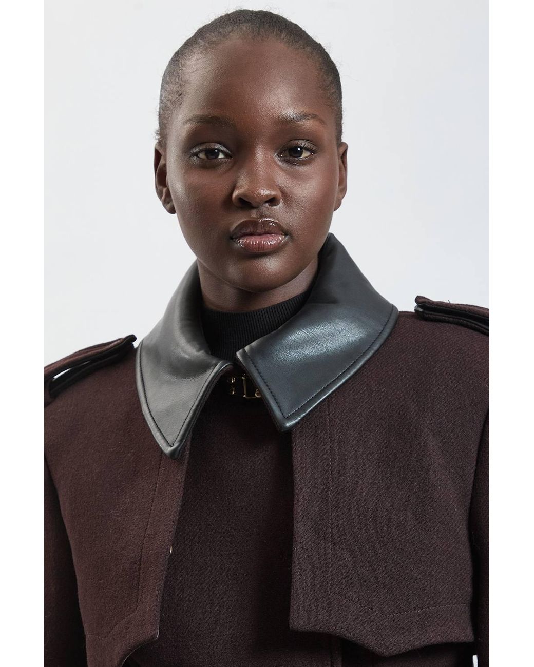 Karen Millen Black Wool & Faux Leather Detail Short Pea Coat