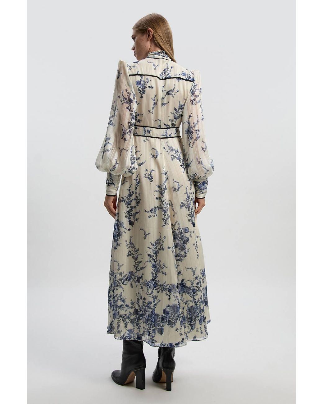 Karen Millen Blue Floral Print Tie Neck Woven Balloon Sleeve Midaxi Dress