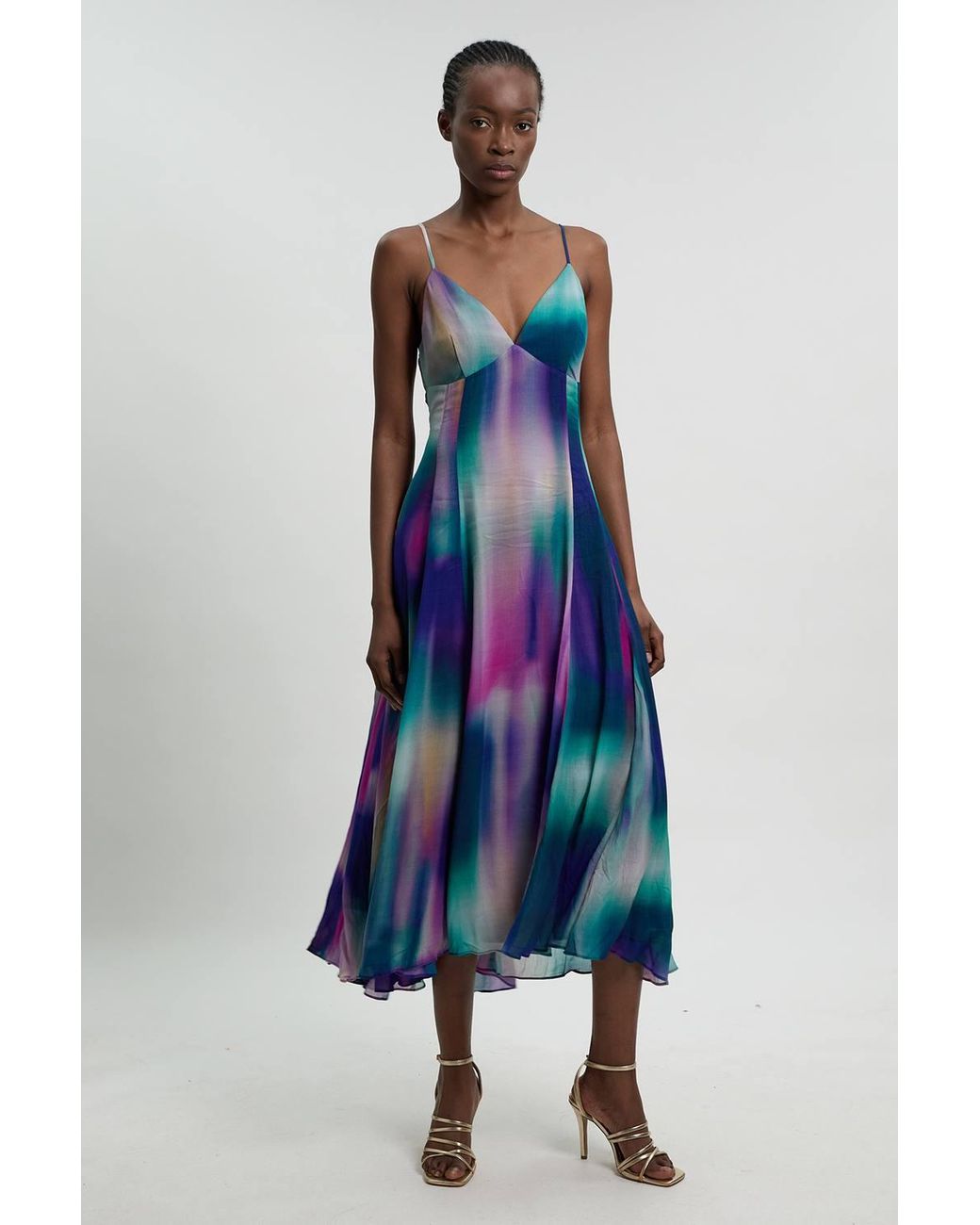 Karen Millen Blue Crinkle Georgette Strappy Blur Print Woven Midi Dress