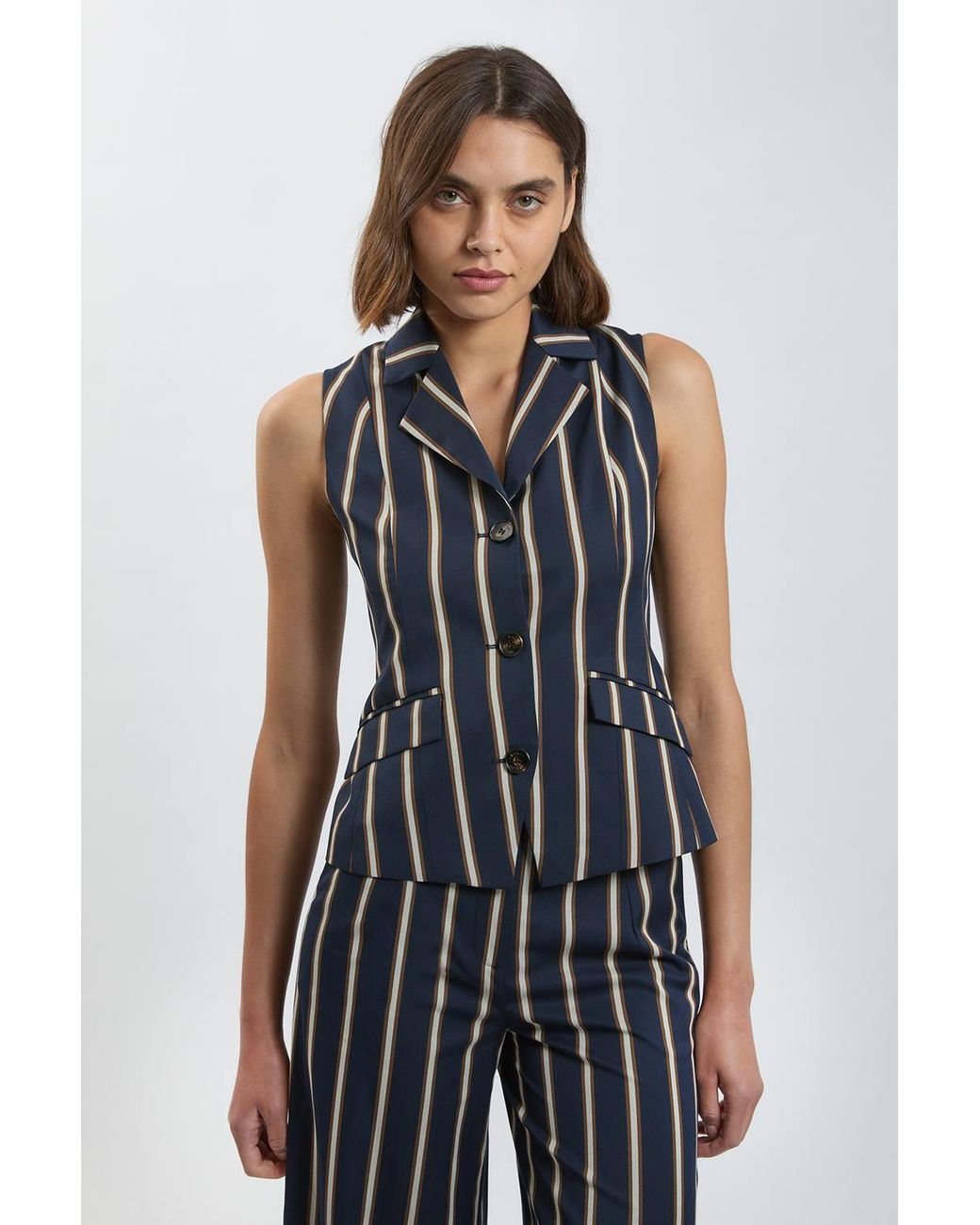 Karen Millen Blue Stripe Single Breasted Sleeveless Jacket