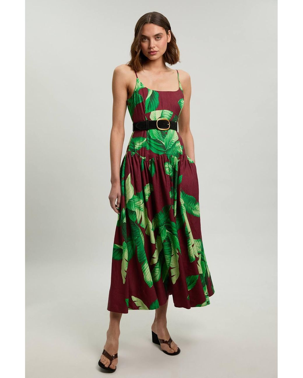 Karen Millen Green Petite Viscose Linen Palm Tree Belted Drop Waist Woven Midi Dress