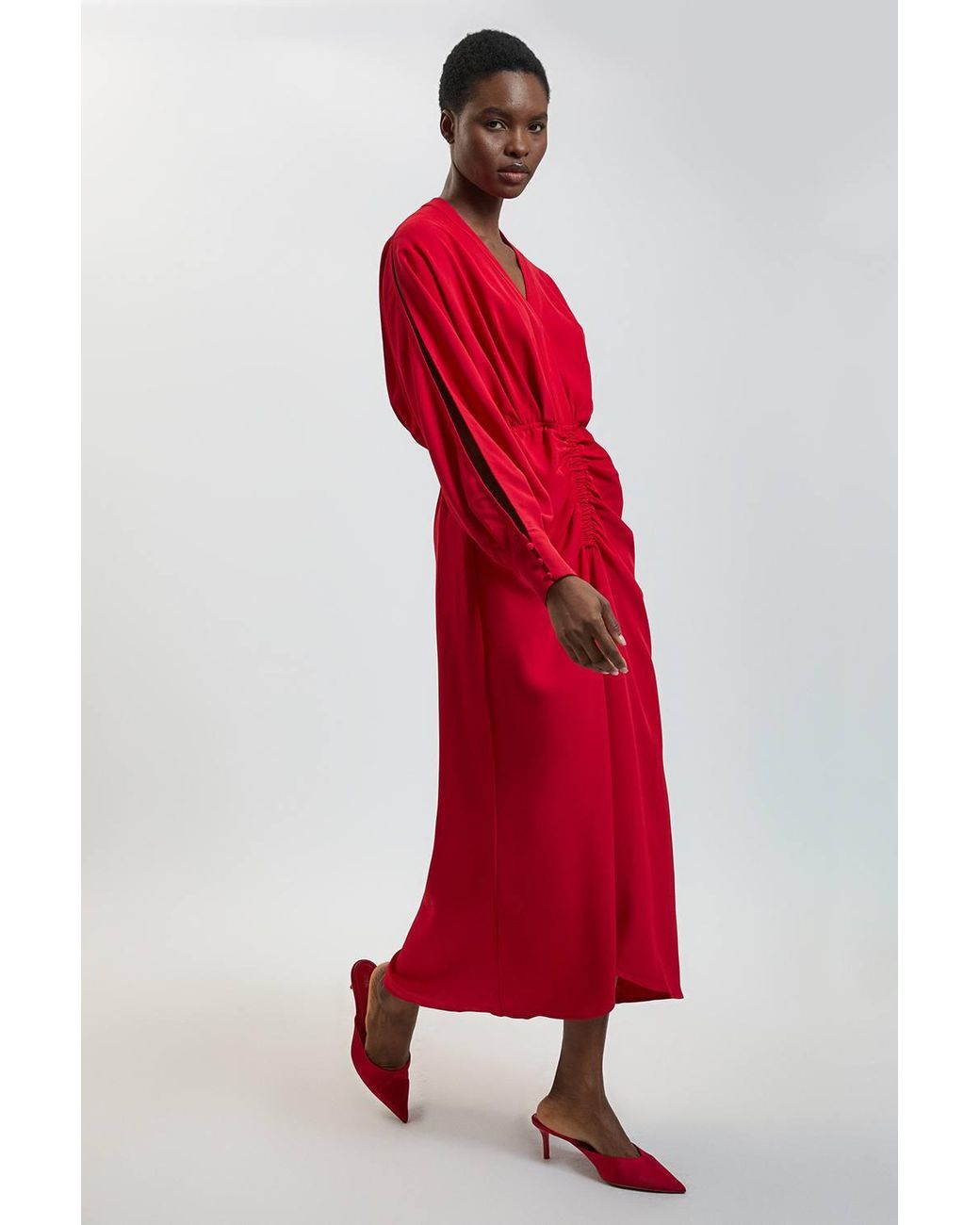 Karen Millen Red Split Sleeve Asymmetric Detail Midi Dress