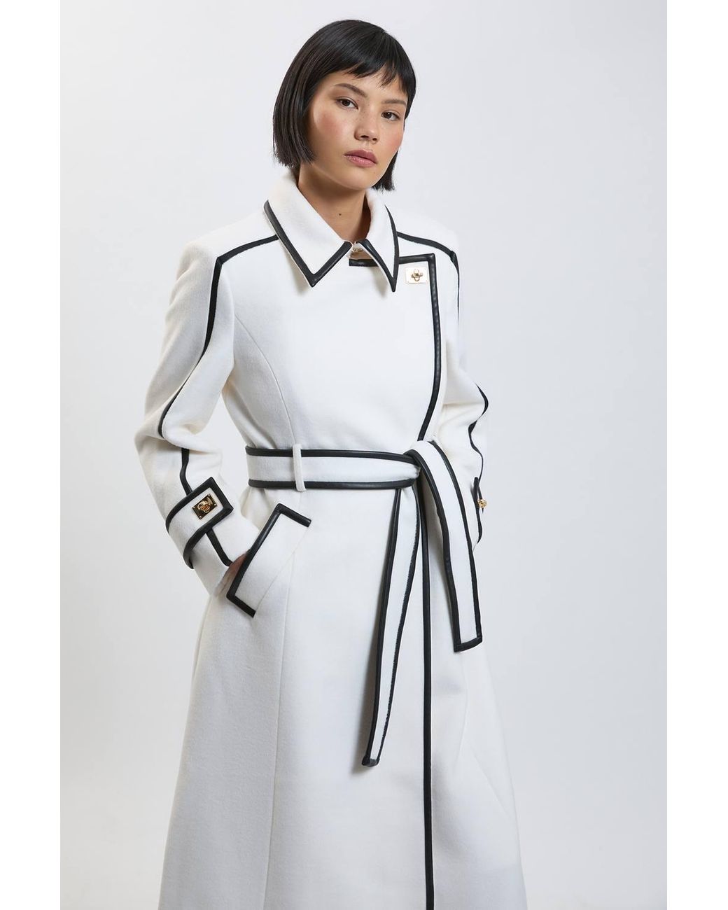 Karen Millen White Petite Brushed Wool Pu Trim Belted Tailored Double Breasted Midi Coat