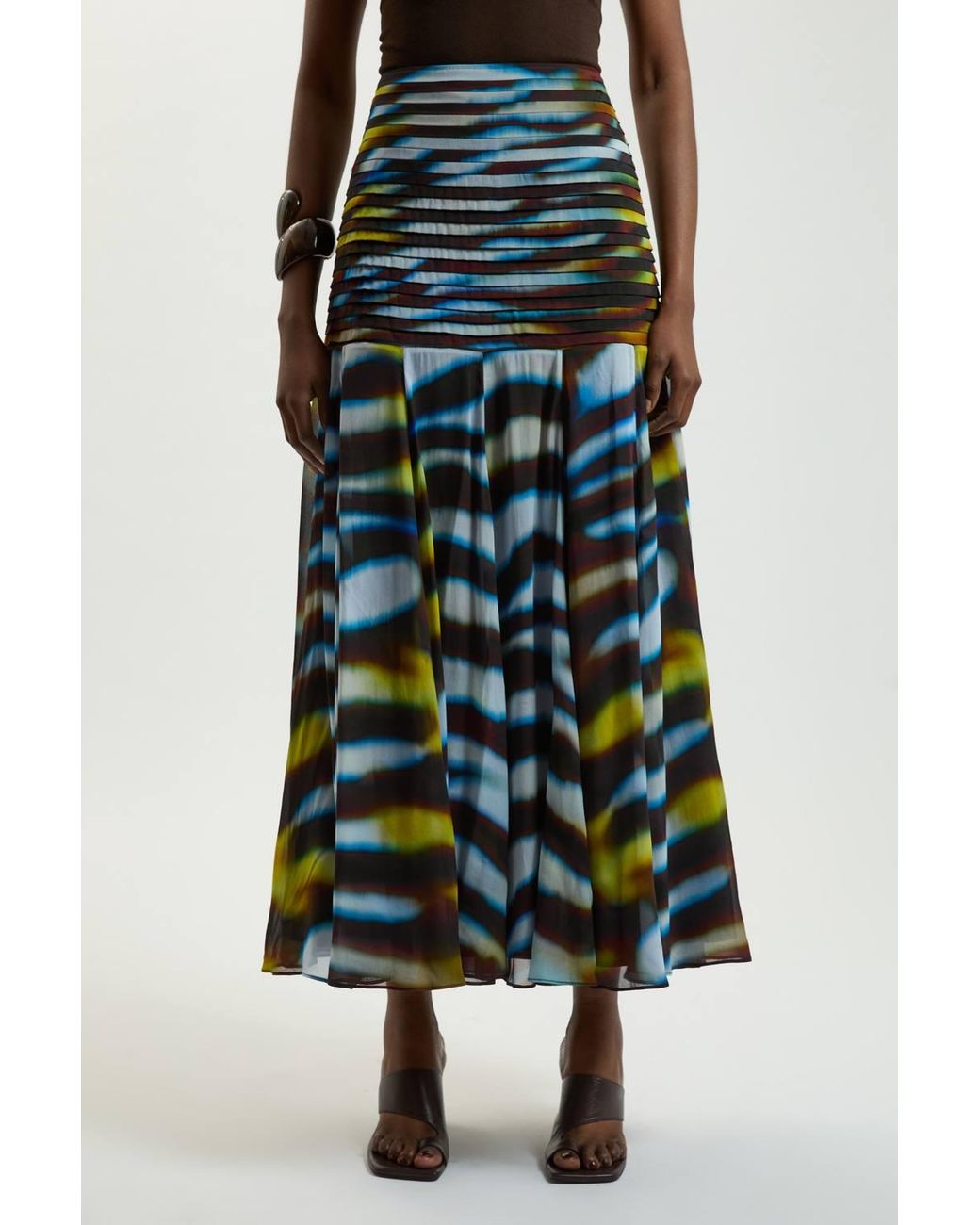 Karen Millen White Viscose Georgette Animal Print Drop Hem Woven Maxi Skirt