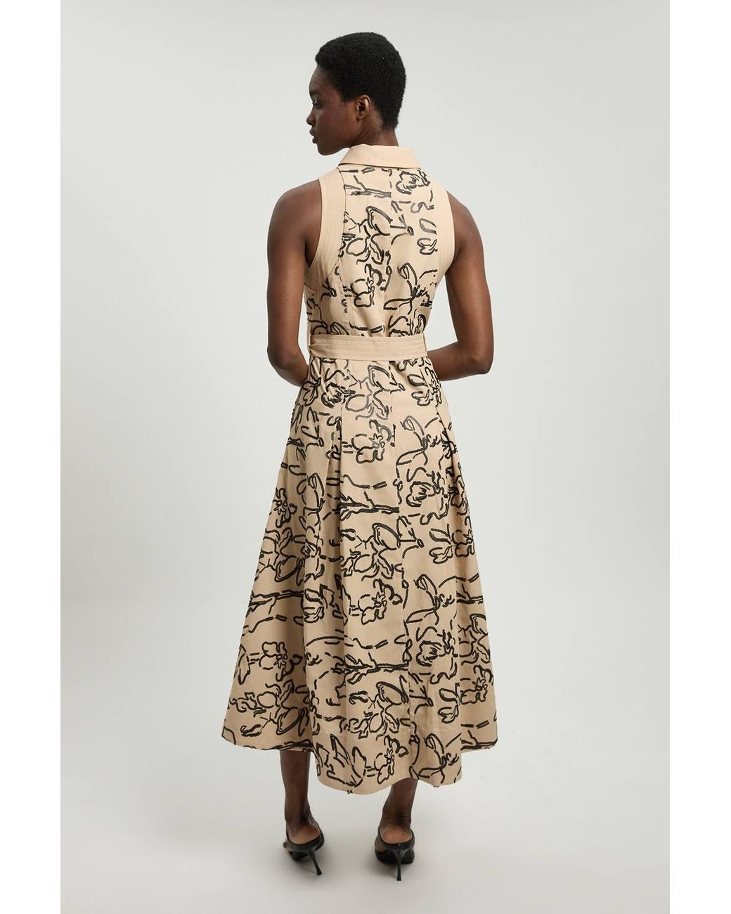 Karen Millen Natural Petite Linen Matte Sequin Collared Midi Dress