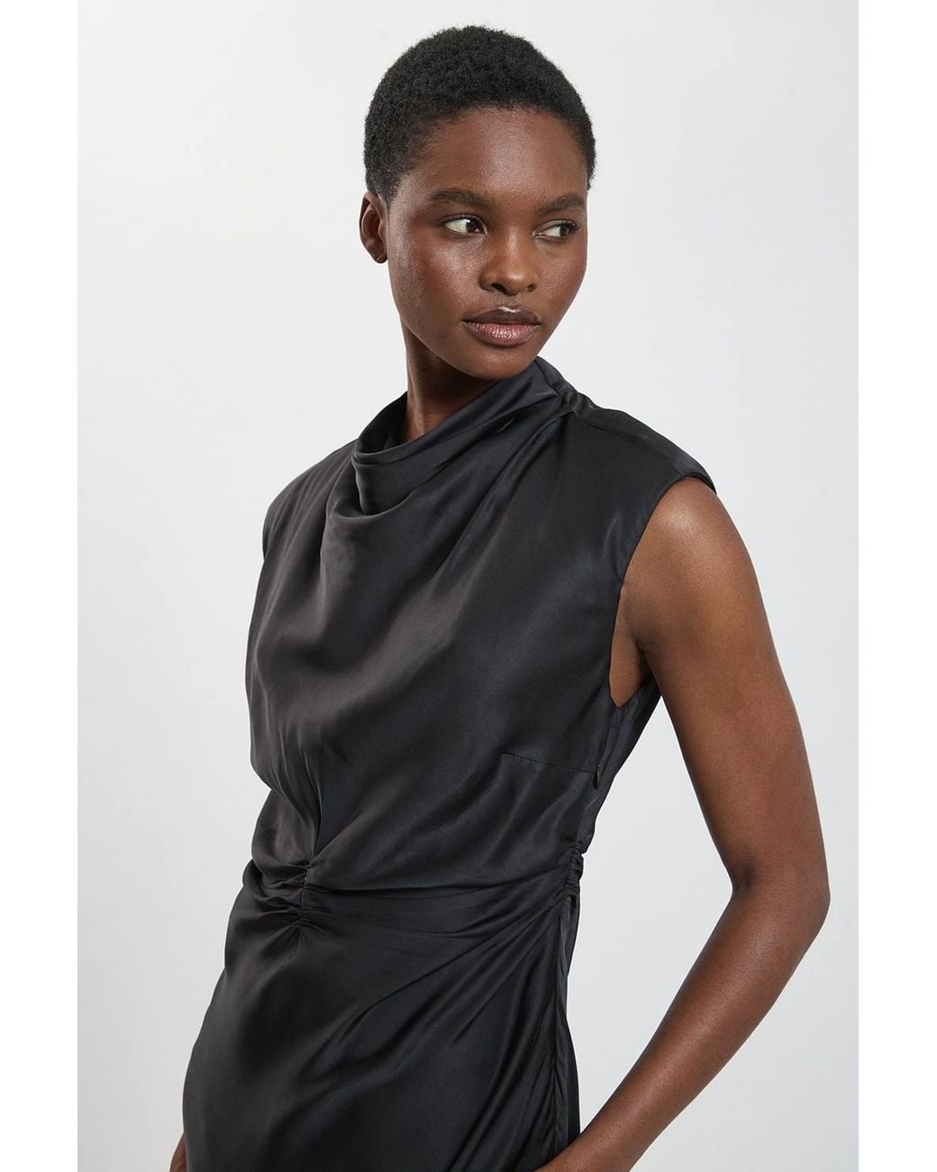 Karen Millen Black Viscose Satin Ruched Cowl Neck Midi Dress
