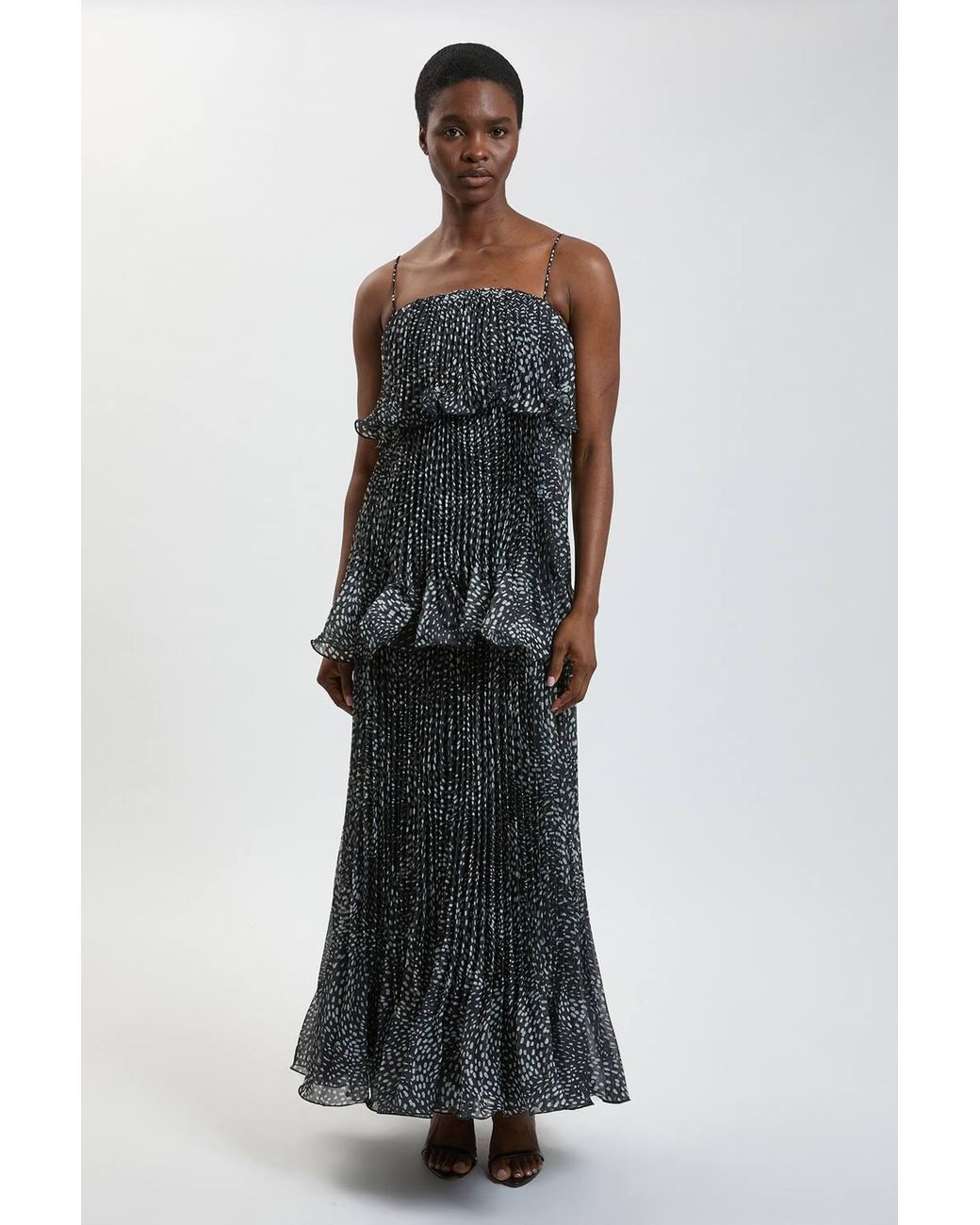 Karen Millen Black Spot Print Pleated Slub Organdie Peplum Woven Maxi Dress