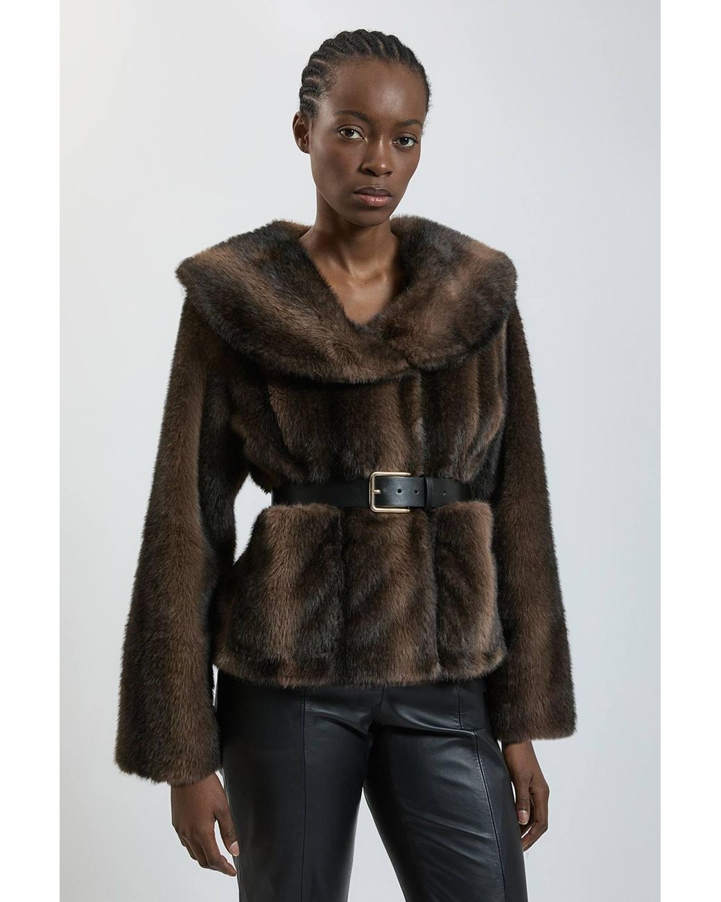 Karen Millen Black Faux Fur Oversize Collar Belted Short Coat