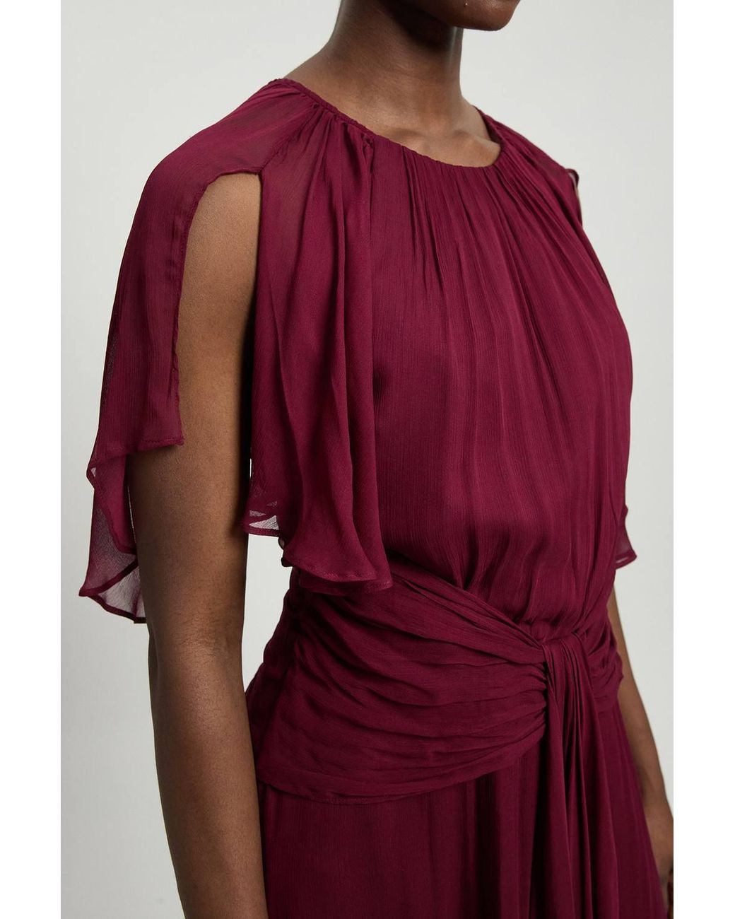 Karen Millen Red Viscose Georgette Cape Sleeve Ruffle Woven Maxi Dress