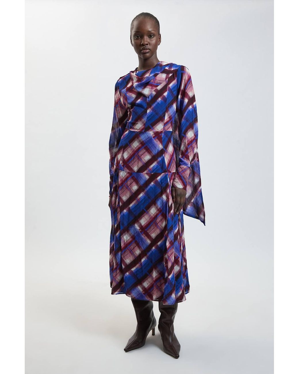 Karen Millen Blue Check Print Scarf Detail Viscose Woven Midi Dress
