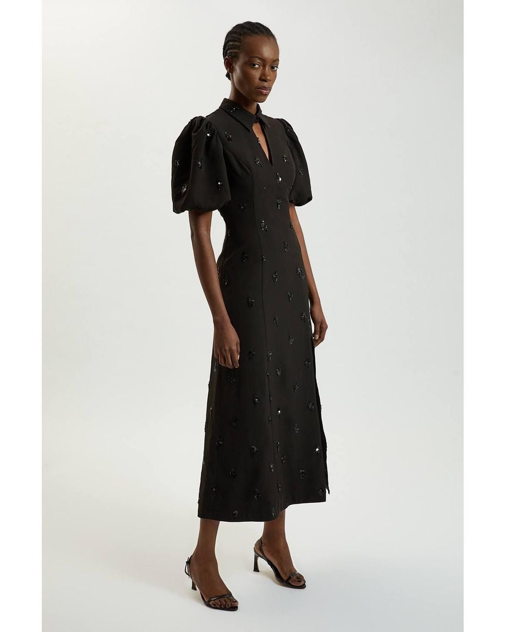 Karen Millen Black Embellished Short Sleeve Woven Midi Dress