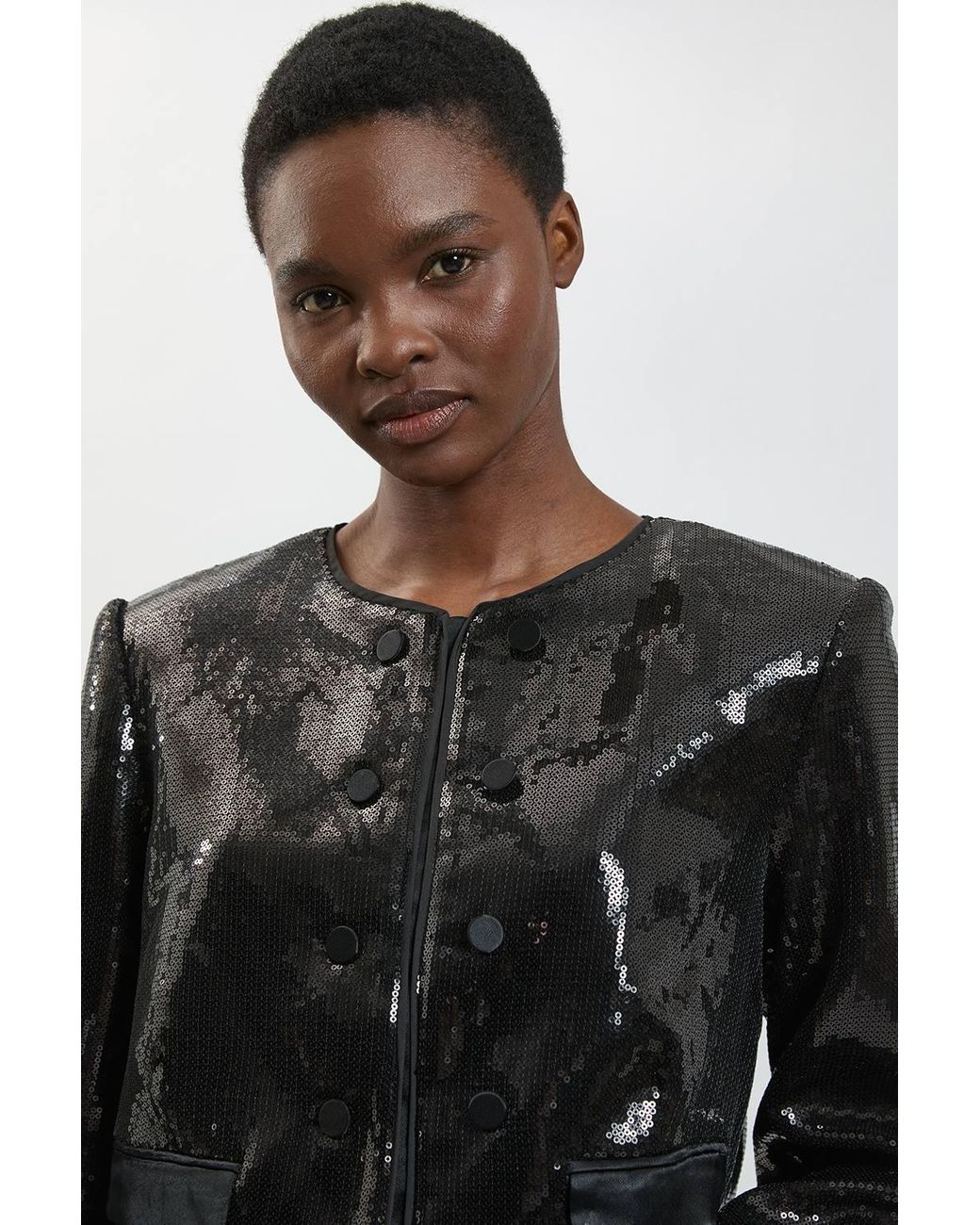 Karen Millen Black Sequin And Satin Collarless Tailored Jacket