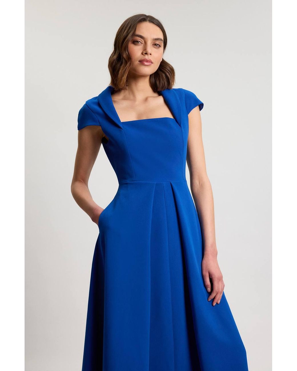 Karen Millen Blue Square Neck Tailored Full Skirted Maxi Dress