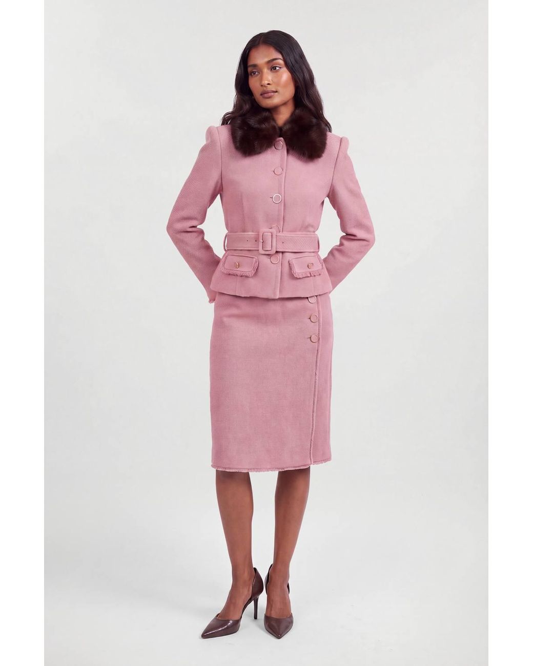 Karen Millen Pink Texture Tweed Detachable Faux Fur Collar Tailored Jacket