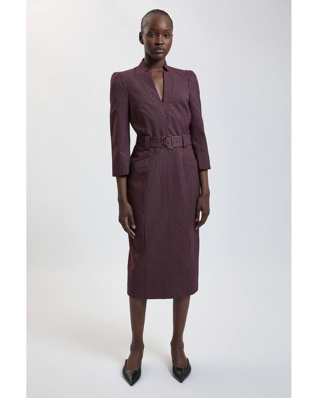Karen Millen Purple Pinstripe Forever Pencil Midi Dress