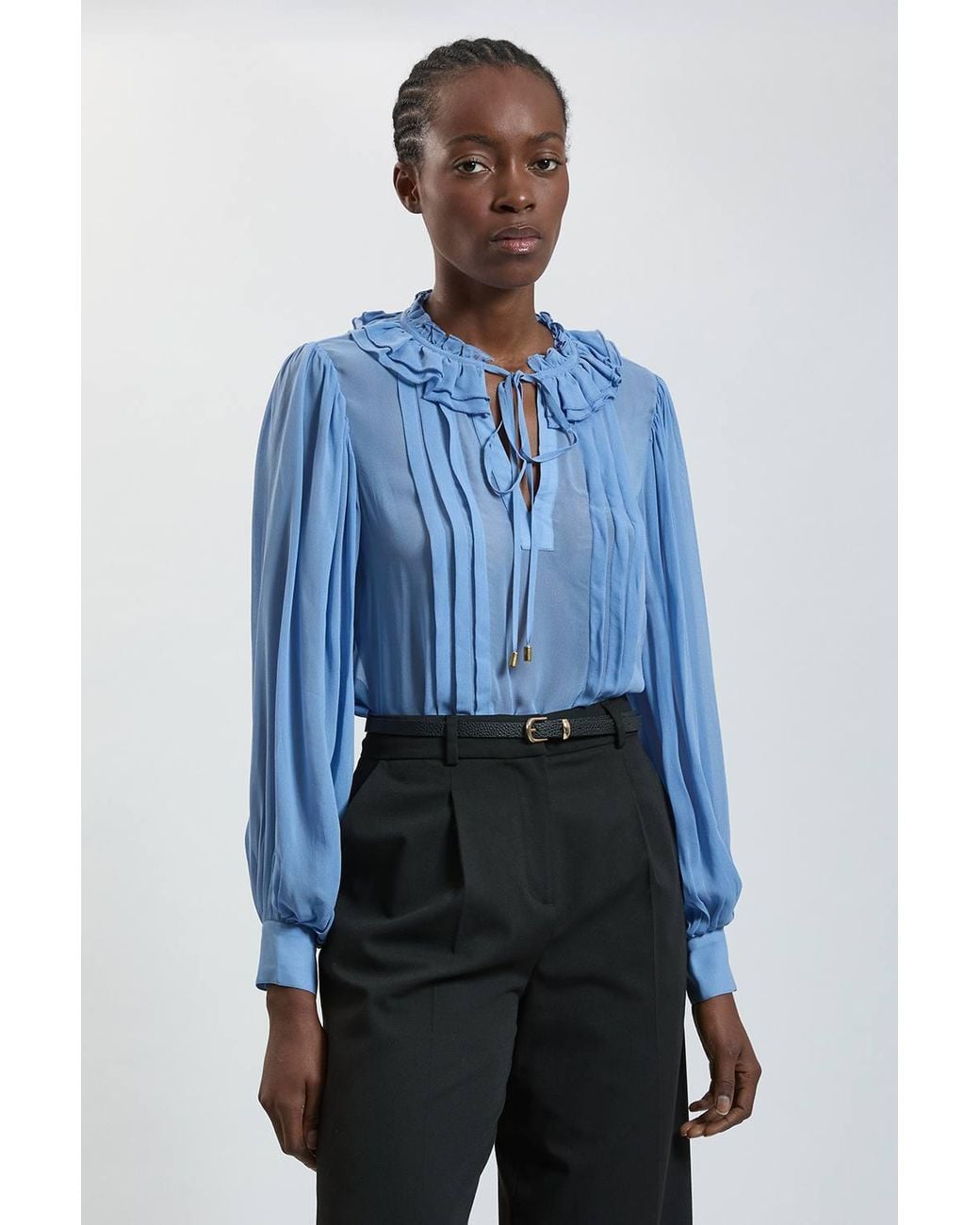Karen Millen Blue Viscose Georgette Frill Neck Blouse