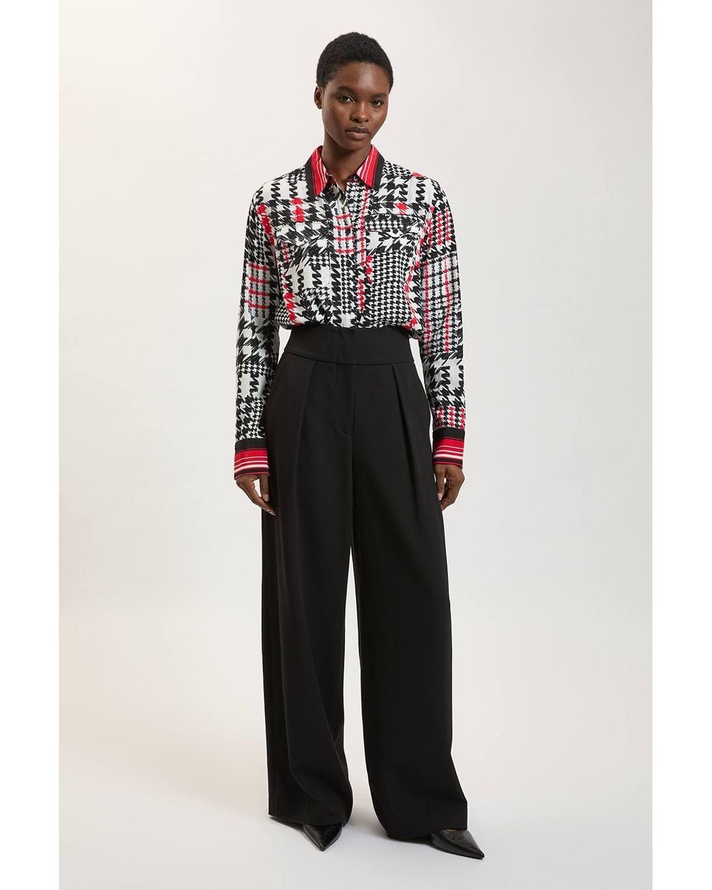 Karen Millen Red Dogtooth Print Viscose Woven Shirt