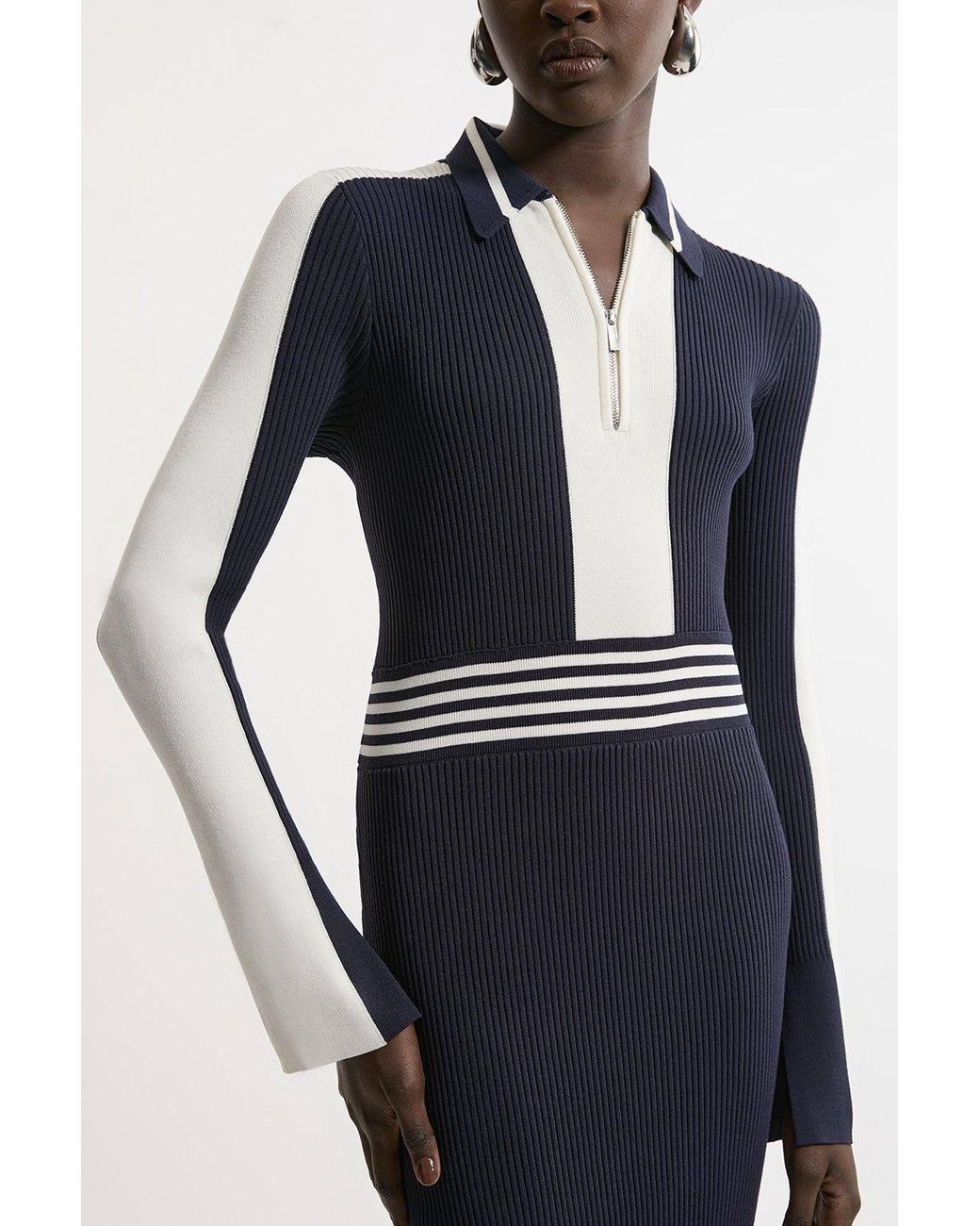 Karen Millen Blue Rib Knit Polo Zip Up Midi Dress