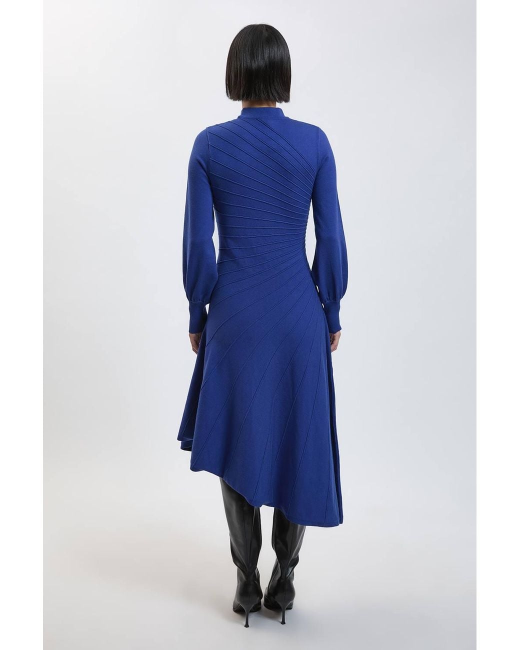 Karen Millen Blue Petite Wool Look Rib Detail Long Sleeve Knitted Dress