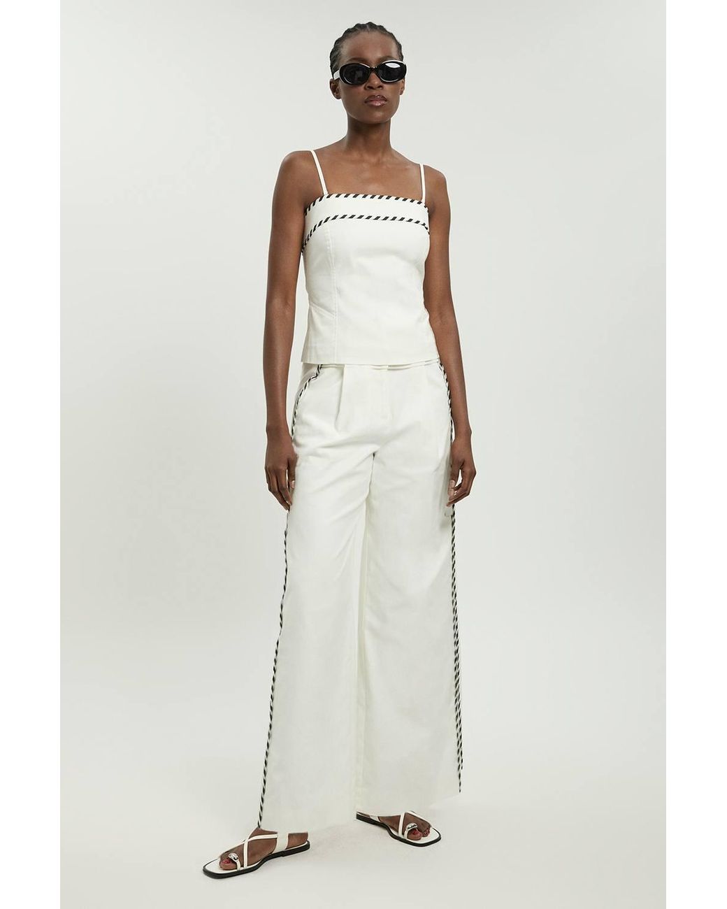 Karen Millen White Petite Tailored Linen Blend Contrast Stitch Straight Leg Trouser